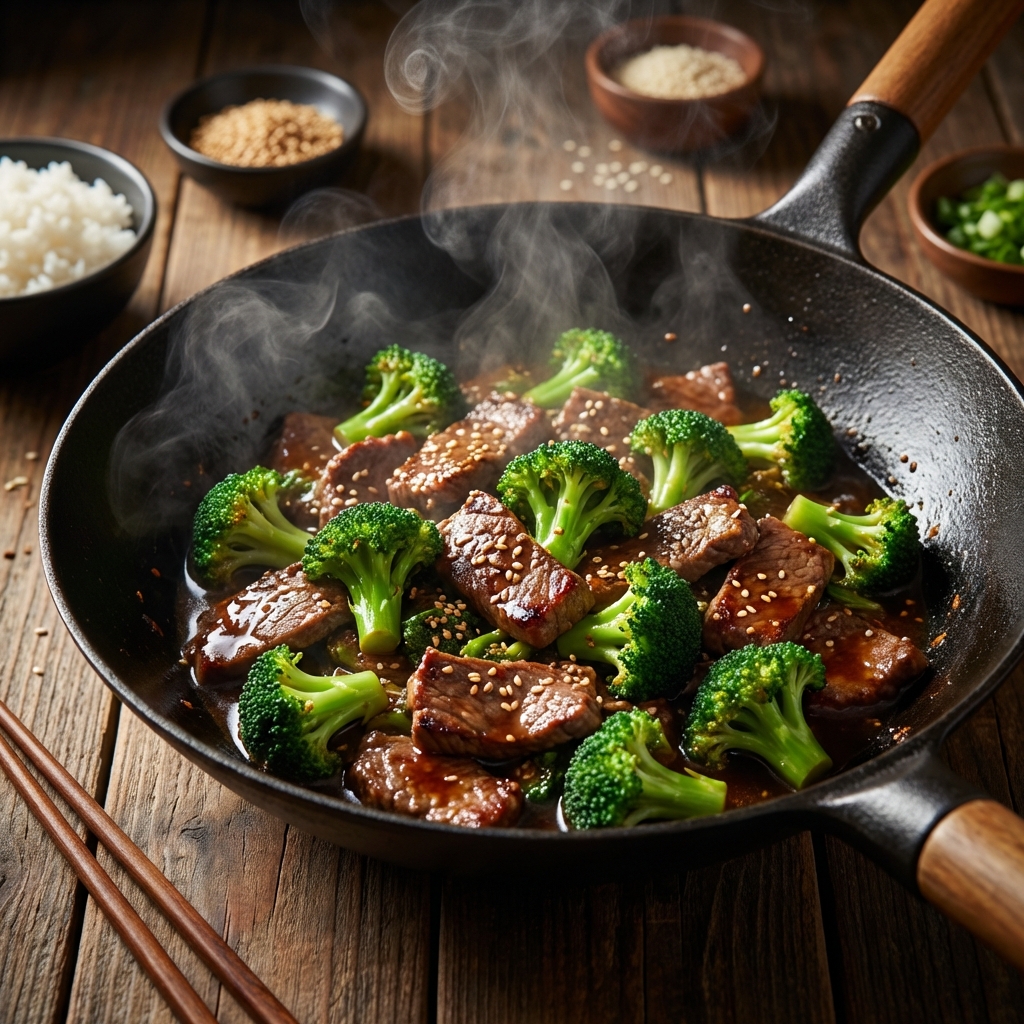 Beef and broccoli stir fry in a wok