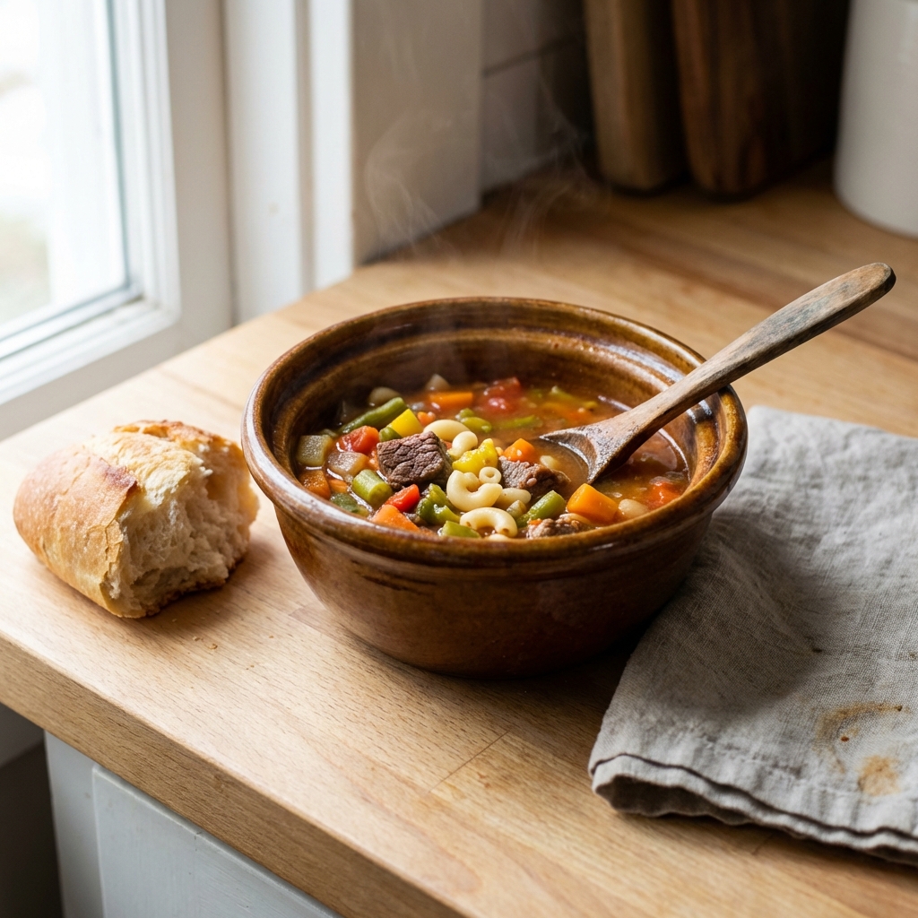 A hearty bowl of vegetable and beef soup with macaroni