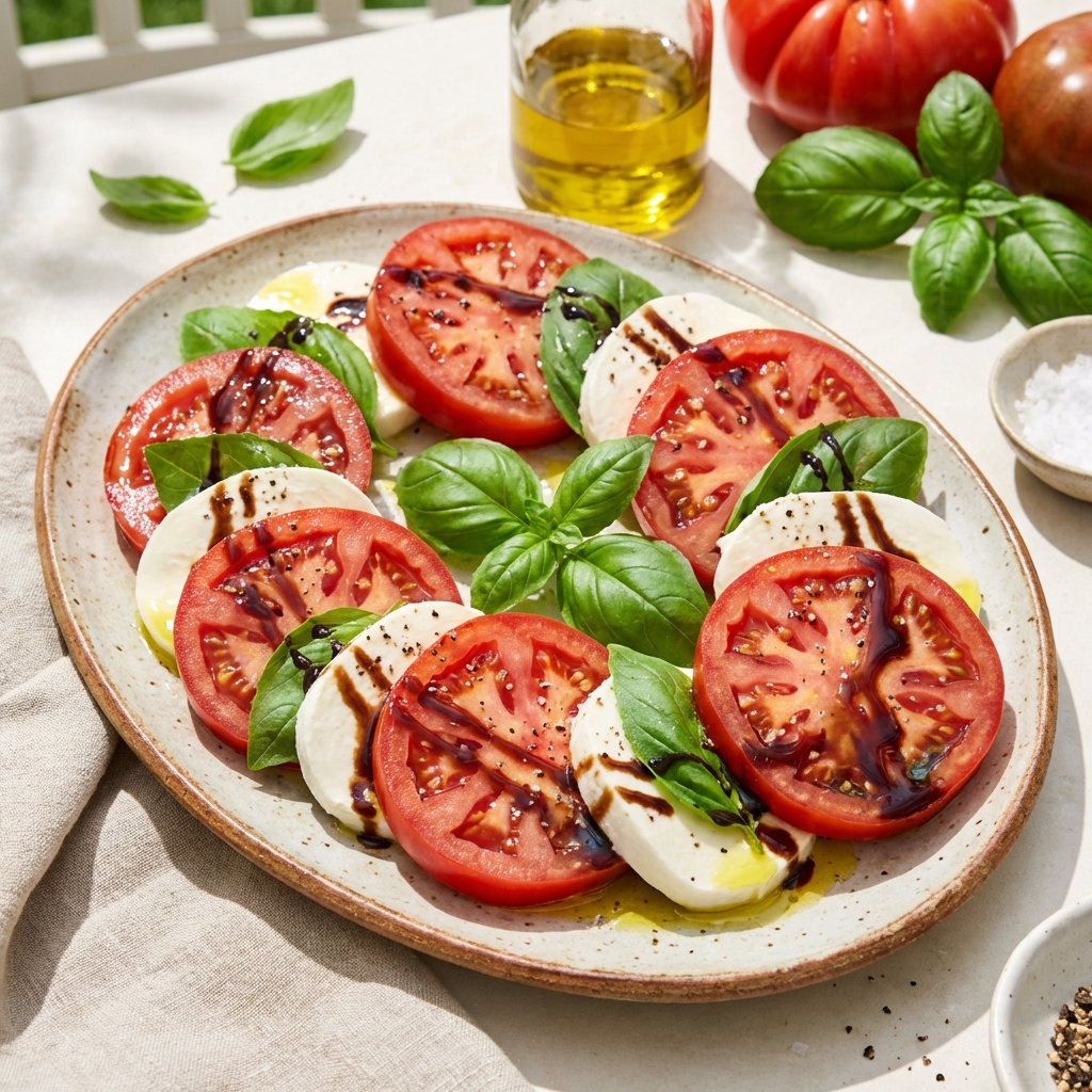 Sliced tomatoes and mozzarella cheese topped with fresh basil leaves