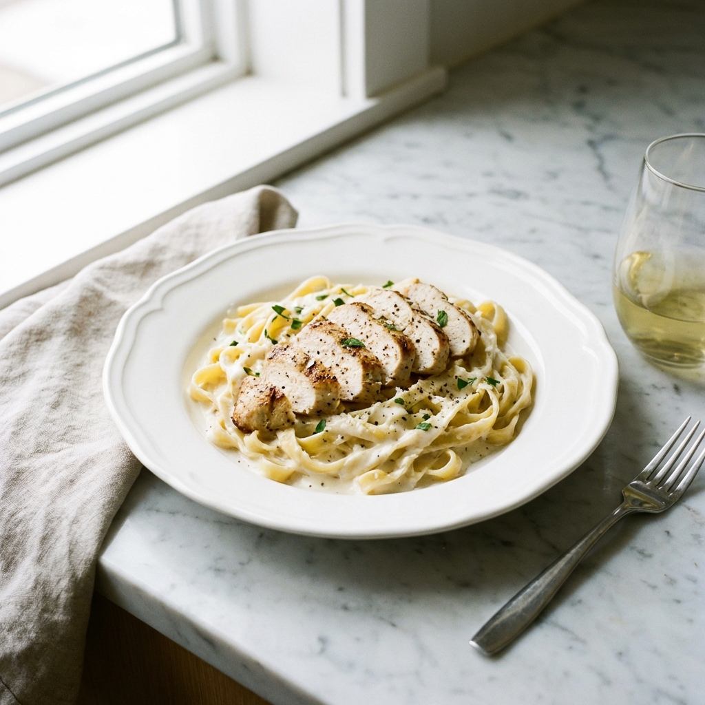 Fettuccine pasta in creamy alfredo sauce topped with sliced grilled chicken