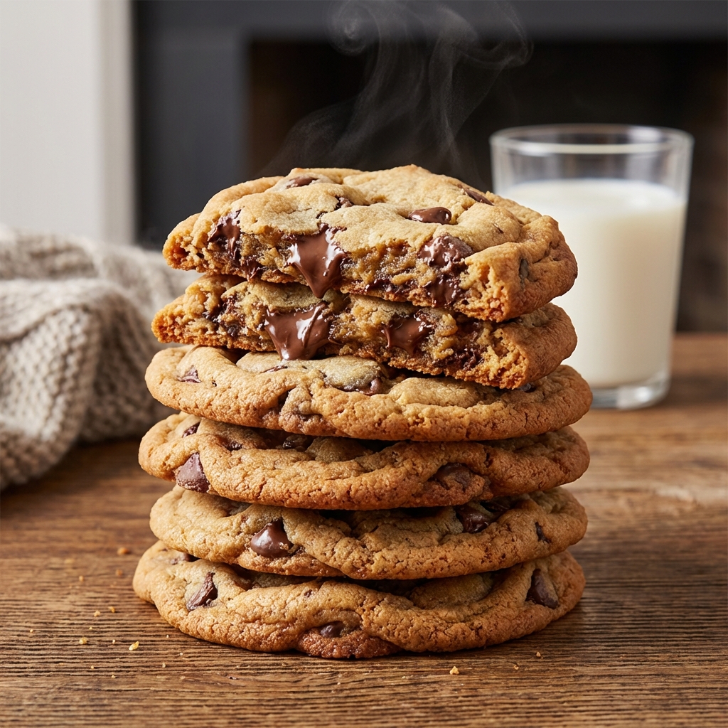 Stack of freshly baked chocolate chip cookies