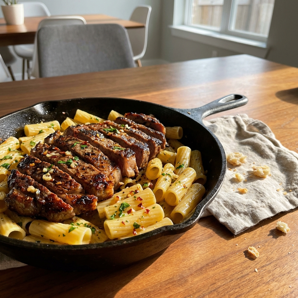 Rigatoni pasta coated in a zesty cowboy butter sauce, topped with sliced seared ribeye