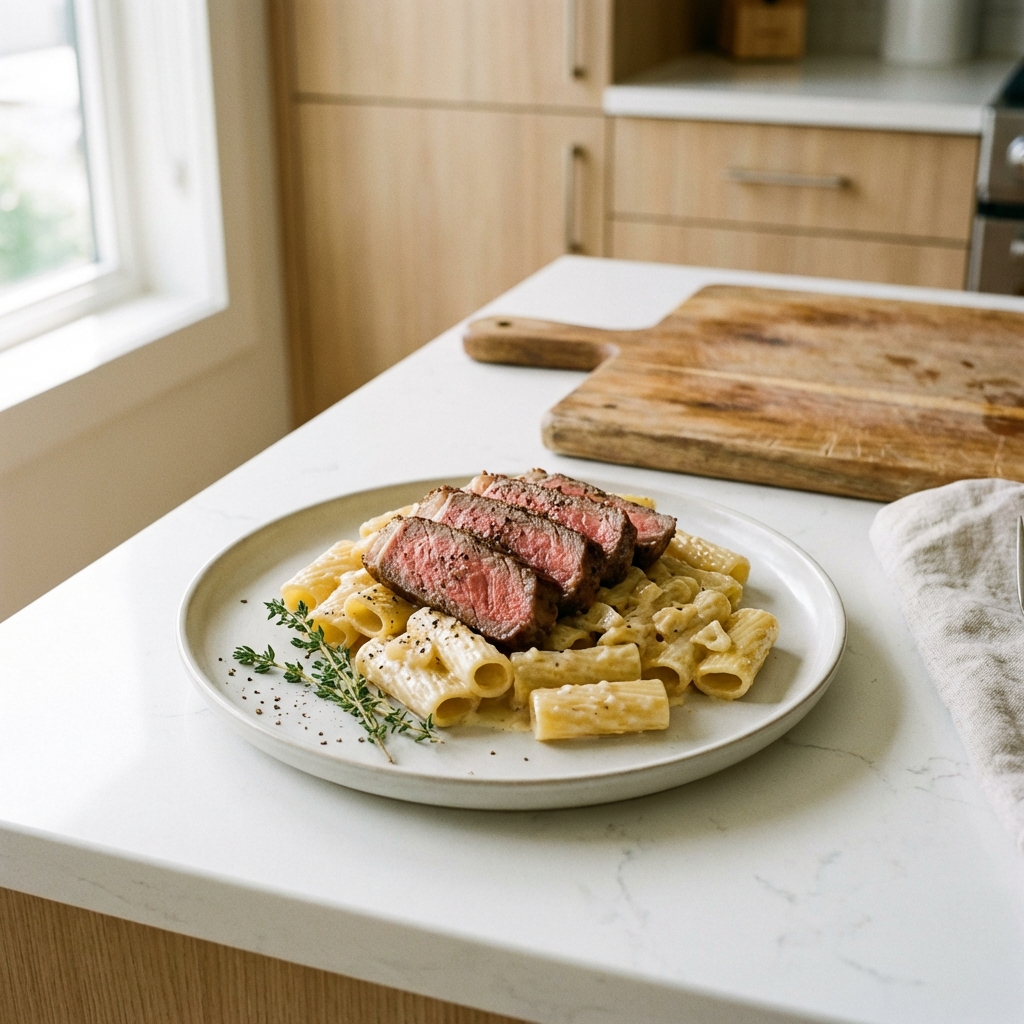 A home-cooked plate of creamy garlic parmesan pasta topped with sliced ribeye steak