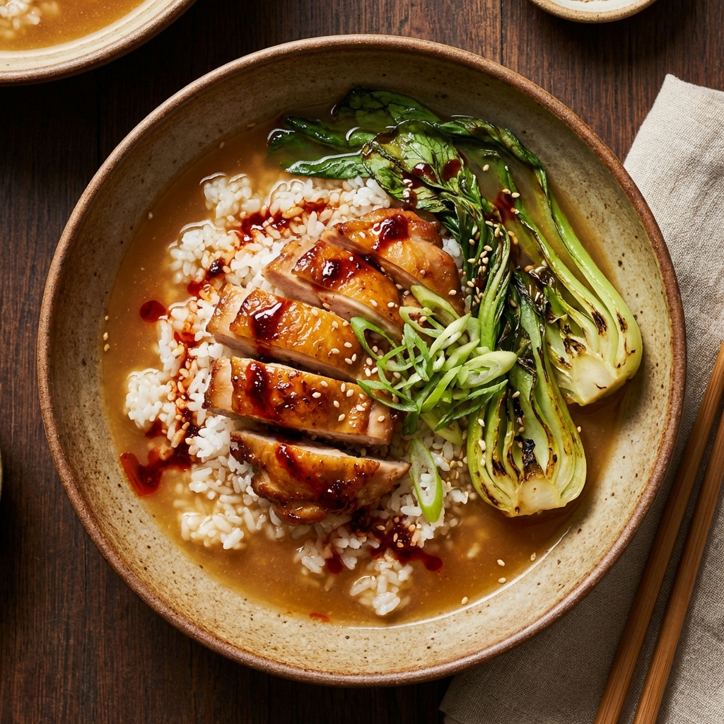 Golden caramelized chicken slices on sticky rice in a miso-ginger broth with charred pak choi