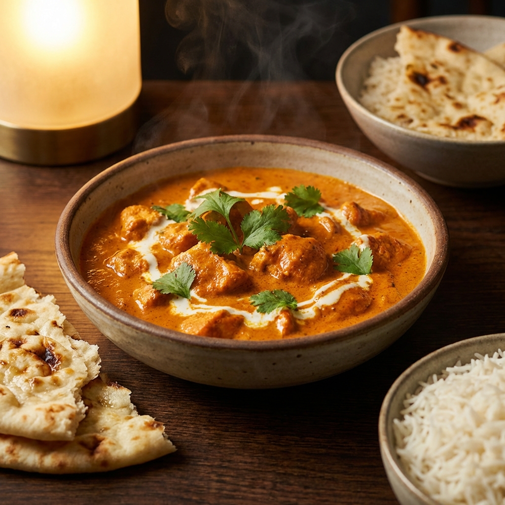 Bowl of orange chicken tikka masala garnished with cilantro